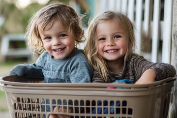 Kids rides in a laundry basket, Generative AI