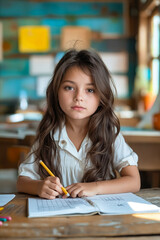 Sticker - A little girl sitting at a table with a pencil in her hand