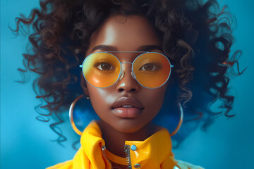 Wall Mural - A woman with curly hair wearing a yellow jacket and sunglasses