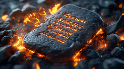 Poster - A stone tablet with glowing inscriptions surrounded by flames and burning coals in a dark, fiery environment.