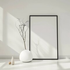 Canvas Print - Black empty frame near white wall
