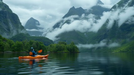 Poster - A person paddles a kayak in the tranquil waters of Norway's fjords, surrounded by majestic mountains and lush greenery under a cloudy sky