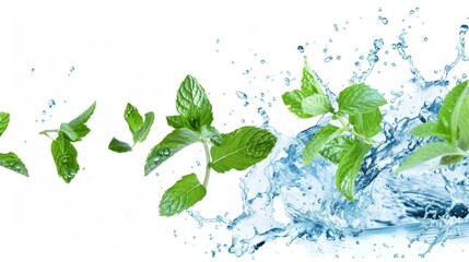 Mint and water splashes on white background
