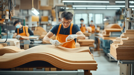 Poster - A worker in a factory wearing an orange apron inspects wooden planks. The factory is well-lit, with stacks of wood and other workers in the background.