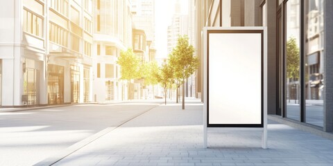 A blank advertising board for exterior advertisement on a sunlit urban street surrounded by modern buildings