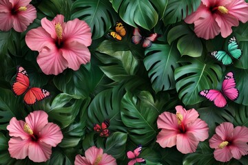 Wall Mural - This seamless tropical wallpaper features flowers, leaves, butterflies, and hibiscus on a dark vintage botanical background. It is a premium 3D illustration that is perfect for wallpaper, paper, and