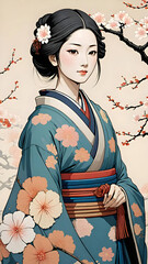 Vector cartoon geisha girl with fan in colorful kimono, doll-like face, long hair, Japanese fashion art