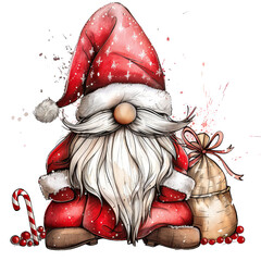 Wall Mural - Whimsical Gnome with Santa Hat and Gift Bag Isolated without Background