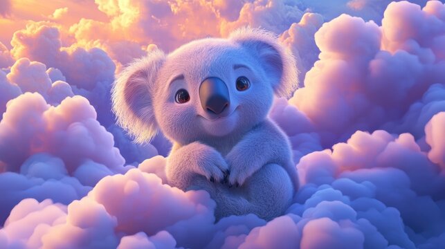Adorable 3D fairy tale koala on swirling clouds, surrounded by a vibrant paradise sky