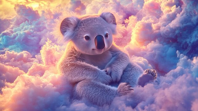 Adorable 3D fairy tale koala on swirling clouds, surrounded by a vibrant paradise sky