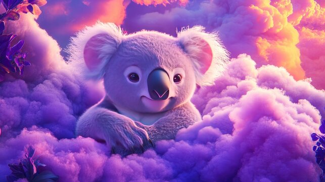 Adorable 3D fairy tale koala on swirling clouds, surrounded by a vibrant paradise sky