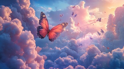 Beautiful 3D fairy tale butterfly fluttering through swirling clouds in a magical paradise