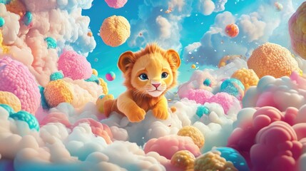 Cute 3D fairy tale lion cub playing on swirling clouds in a vibrant paradise world