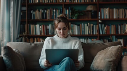 Poster - a person sitting on a couch with a laptop computer