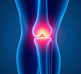 Blue 3d medical x-ray anatomy of the knee pain. Leg joint and bone injury, arthritis patient inflammation, sport athlete broken tendon, red area, copy space