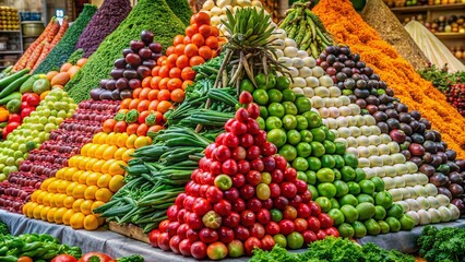 Wall Mural - Vibrant pyramid displays of fresh, organic vegetables in a bustling market, bursting with variety, texture, and color, offering a nutritious and healthy lifestyle option.