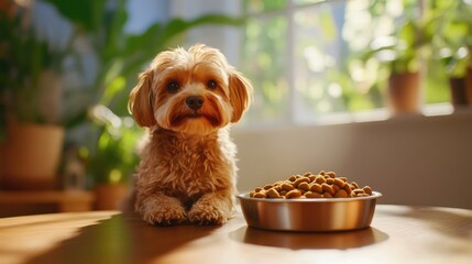 A dog sits patiently beside a full bowl of healthy dog food, with a bright and airy room as the backdrop.