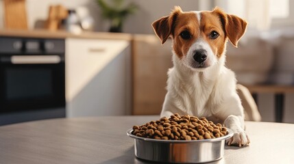 A dog sits patiently beside a full bowl of healthy dog food, with a bright and airy room as the backdrop.