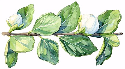 Wall Mural - This watercolor illustration shows a green branch adorned with leaves and white flower buds, capturing the essence of nature's delicate beauty and freshness.