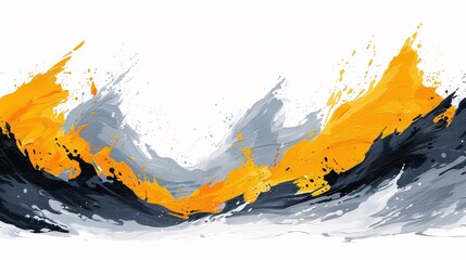 A dynamic abstract artwork featuring splashes of yellow and grayish-blue, reminiscent of sprawling mountainous waves, creating a sense of intense motion and energy.