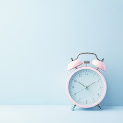 Vintage pink and white alarm clock on light blue background, minimalist and concept of time.