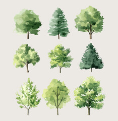 set of watercolor autumn trees