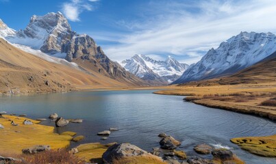 Canvas Print - A mountain range with a lake in the middle of it. AI.