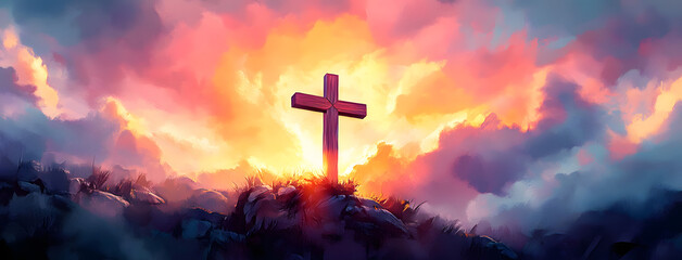 Wall Mural - Christian easter. Conceptual religious symbol on a colorful sky at sunset. 