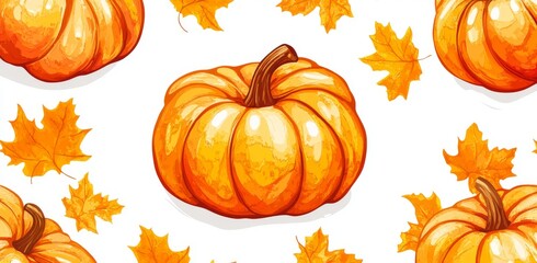 Wall Mural - An animated seamless pattern with pumpkins and squash leaves in different colors. Thanksgiving background, harvest background, Halloween background.