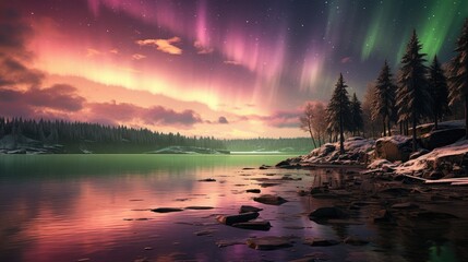 Canvas Print - Aurora Borealis and magical Northern Lights waving in the evening sky at sunset  