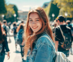 Poster - Portrait of a smiling young woman with long red hair wearing a denim jacket and a backpack. AI.