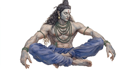 Illustrative Watercolor of Hindu God Shiva in Meditation Pose