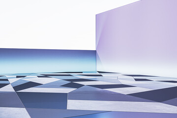 Poster - Bright white and blue geometric gallery interior with mock up place on wall. Exhibition and art concept. 3D Rendering.