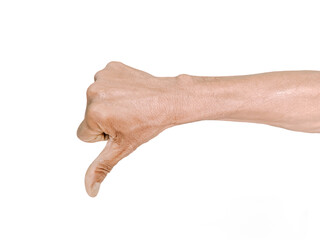 Thumbs down male hand sign isolated on a white background