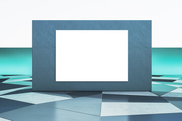 Poster - Modern white and blue geometric gallery interior with empty mock up poster on wall. Exhibition and art concept. 3D Rendering.