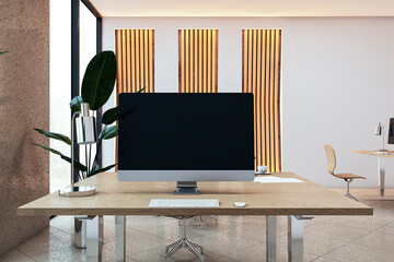 Poster - Empty mock up computer monitor in modern designer office interior with decorative wall, panoramic windows and furniture. 3D Rendering.