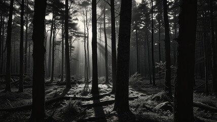 Wall Mural - Black and white photo of foggy forest with tree trunks.