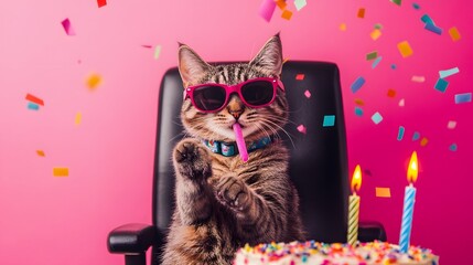 cat with sunglasses celebrating its birthday with birthday cake, sitting on an office black chair with confetti and candles around.