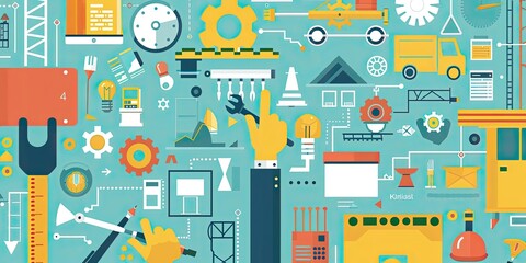 abstract design with gears, hand, and truck.
