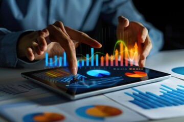 Poster - A person studying data on their tablet with various graph charts displayed