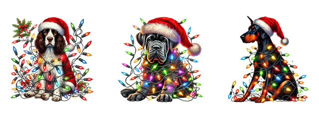 Christmas dogs in santa hats with colorful lights, Springer Spaniel, Great Dane, and Doberman Pinscher, isolated on transparent background