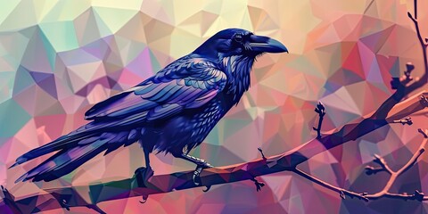 A raven perched on a branch with a colorful background.