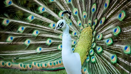 White peacock with feathers out white pehen 