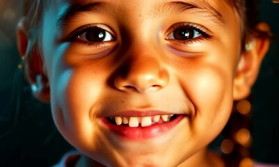 Poster - Portrait of a beautiful little girl with christmas lights in the background