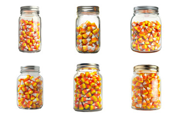 Six Glass Jars Filled With Candy Corn