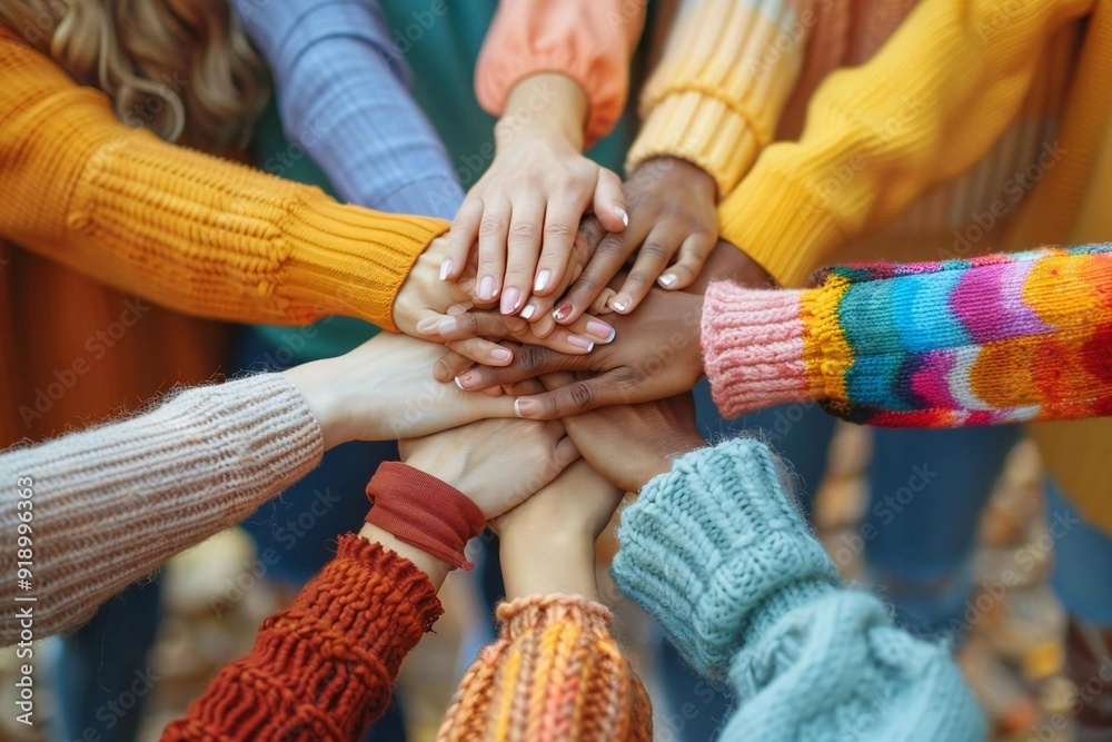 Beautiful group of multiracial friends stacked their hands together in ...