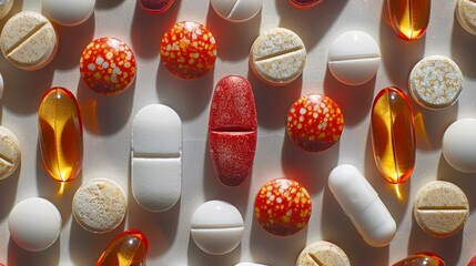 Various capsules and tablets arranged on a flat surface showcasing different shapes and colors