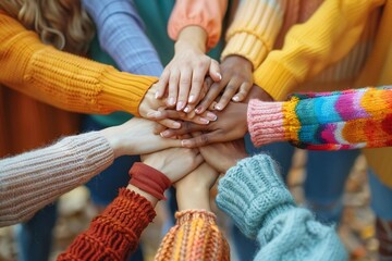 Beautiful group of multiracial friends stacked their hands together in a show of unity and support.