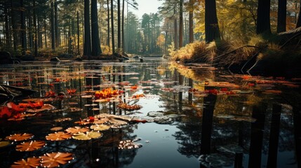 Canvas Print - Autumnal reflection of a stunning scenery in the water 