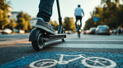 Close up of people using electric scooter standing near a bicycle path with a blue sign, city street with car traffic, urban city lifestyle.